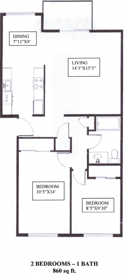 Floor plan for 2 beds, 1 bath, 853 sqft